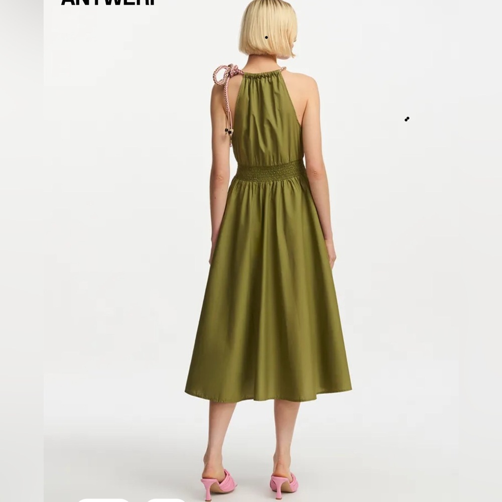 ESSENTIAL ANTWERP Khaki cotton halter neck midi dress. Size 4. - Picture 5 of 11
